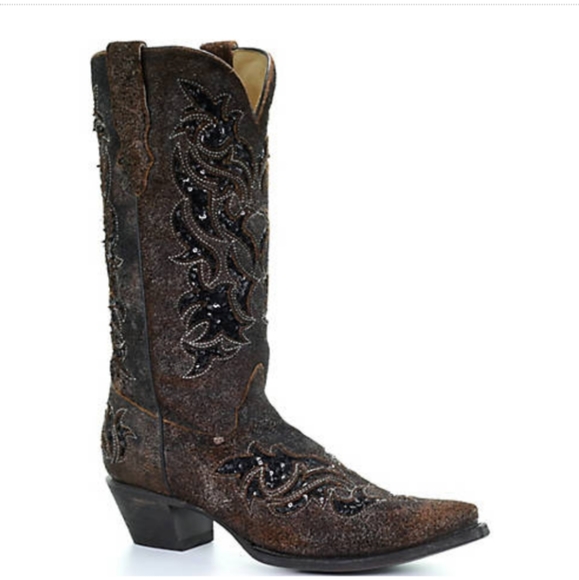 CORRAL R1152 distressed dark brown leather & black sequins cowgirl boots sz 7 - Picture 2 of 16